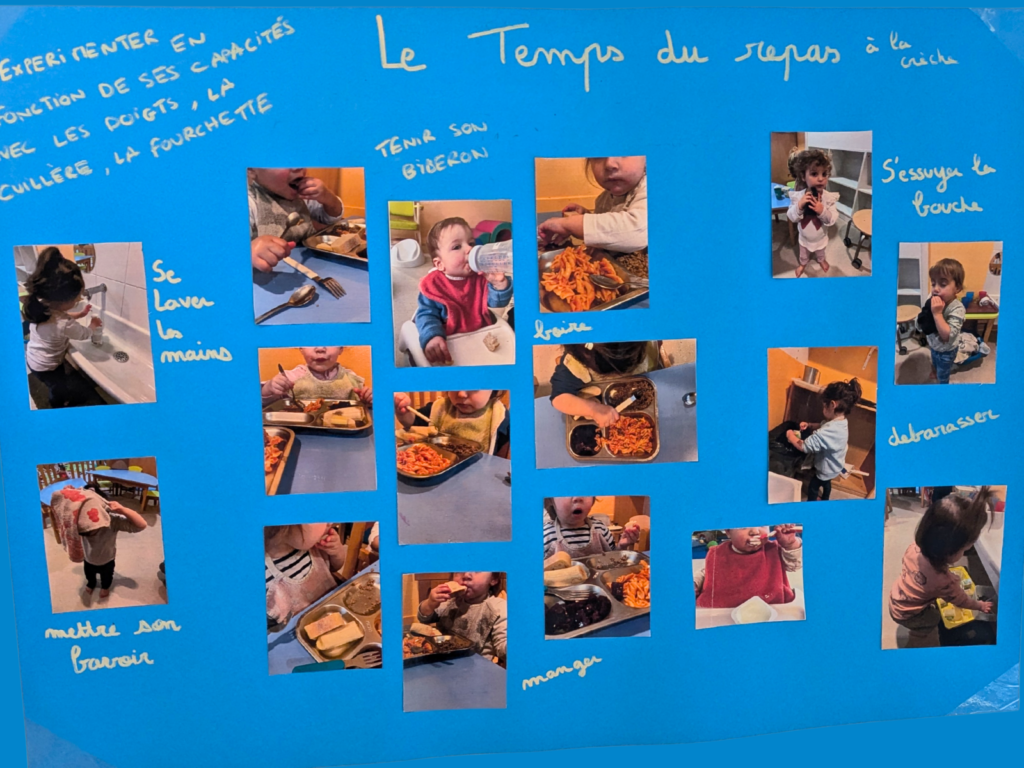 Panneau photos "Le temps du repas à la crèche" montrant des enfants en train de manger, boire et débarrasser