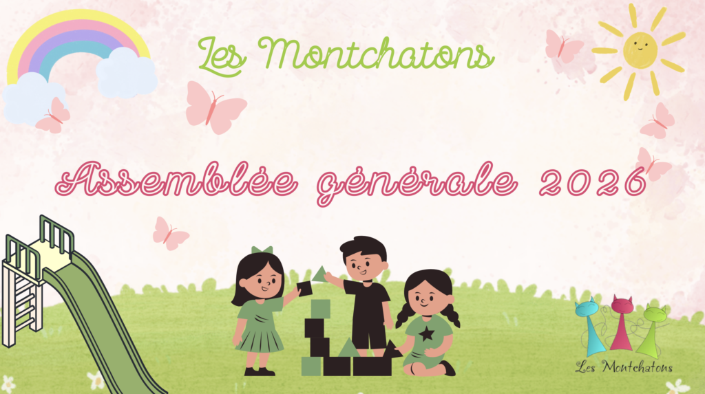 Illustration colorée de l'assemblée générale 2026 des Montchatons avec trois enfants j